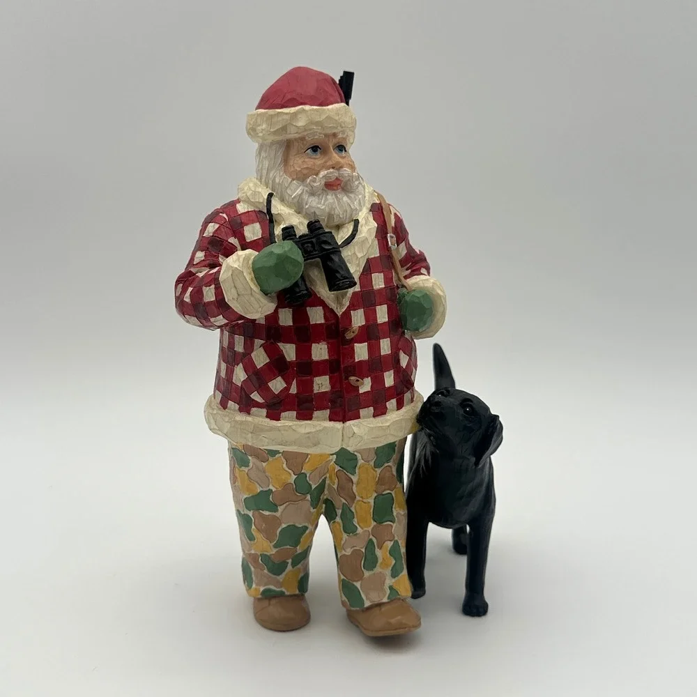 Hunting Santa with Black Dog Figure Red Plaid Camo Resin Figurine 8in